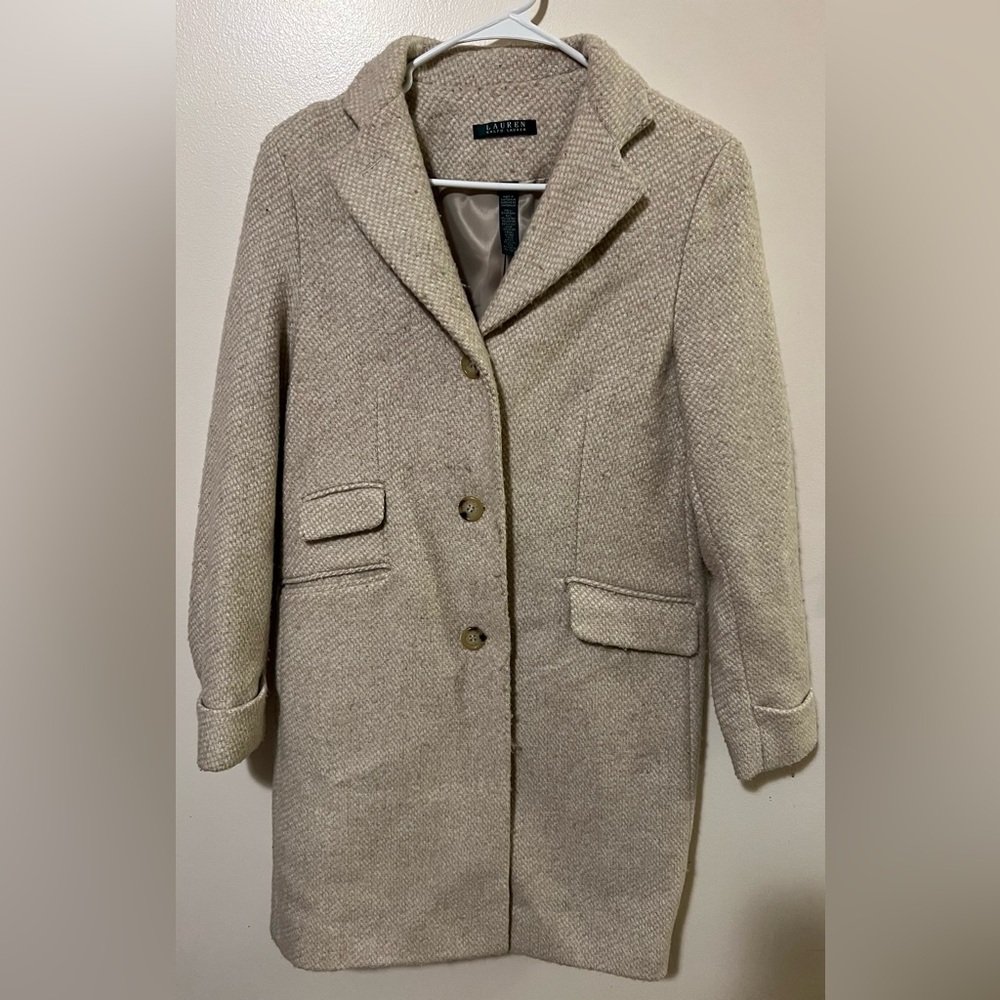 Tweed herringbone weave wool blend Ralph Lauren pea coat jacket